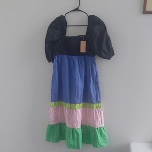 Crosby Black and Blue Puff Sleeve Dress